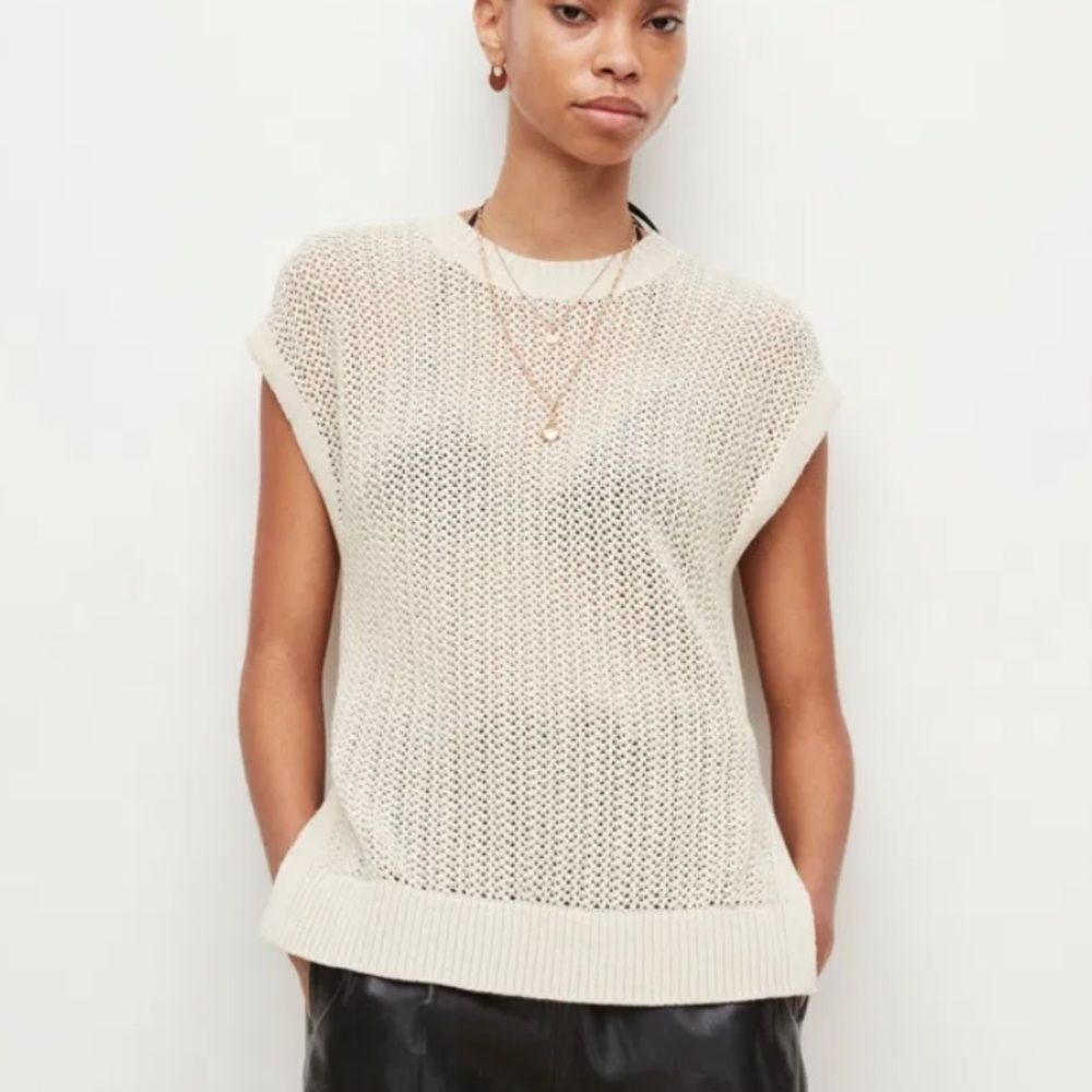 AllSaints Cream Open-Knit Cap-Sleeve Sweater small